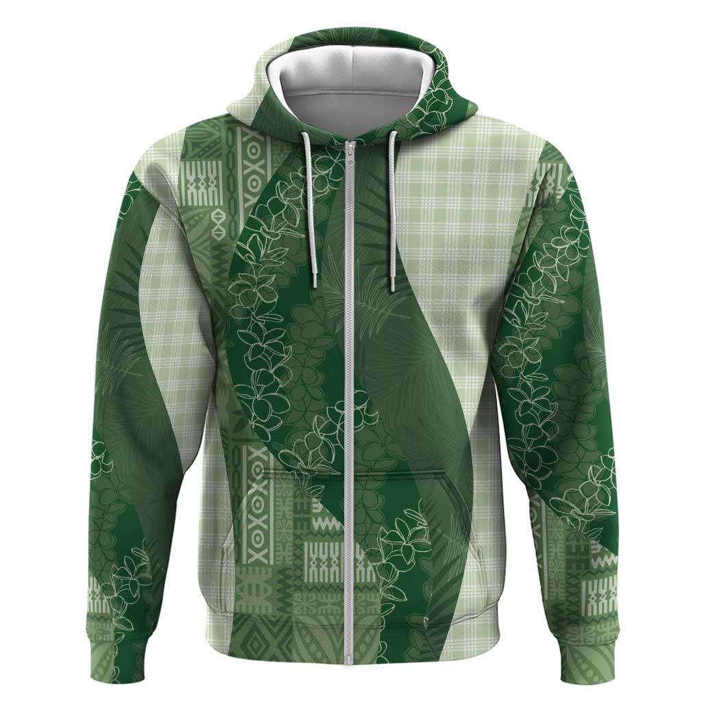 Polynesian Tribal Pattern Patchwork Picturesque Zip Hoodie Sage Green