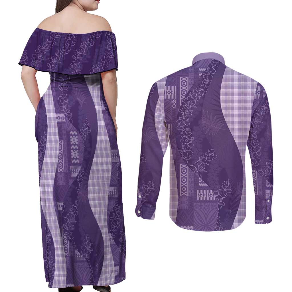 Polynesian Tribal Pattern Patchwork Picturesque Couples Matching Off Shoulder Maxi Dress and Long Sleeve Button Shirt Deep Violet