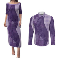 Polynesian Tribal Pattern Patchwork Picturesque Couples Matching Puletasi and Long Sleeve Button Shirt Deep Violet