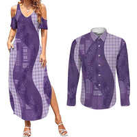 Polynesian Tribal Pattern Patchwork Picturesque Couples Matching Summer Maxi Dress and Long Sleeve Button Shirt Deep Violet