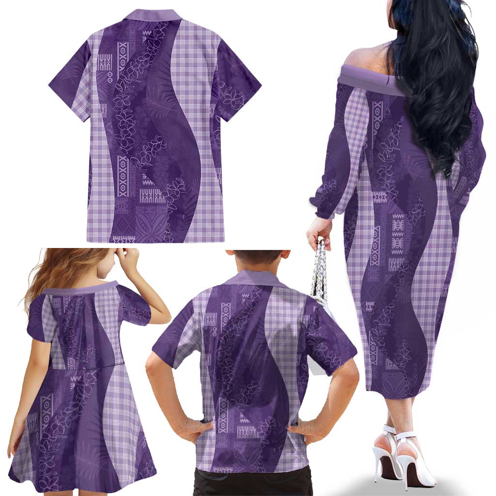 Polynesian Tribal Pattern Patchwork Picturesque Family Matching Off The Shoulder Long Sleeve Dress and Hawaiian Shirt Deep Violet