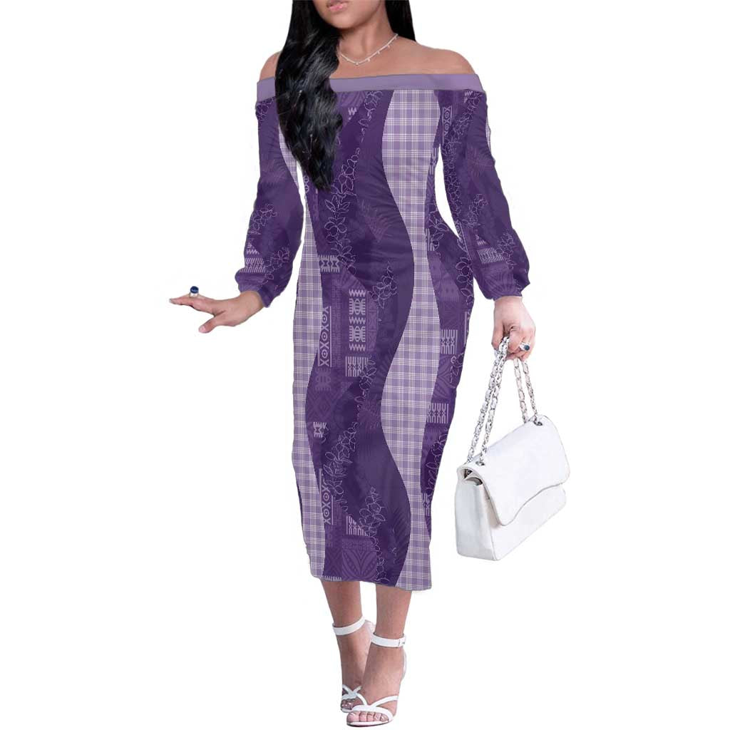 Polynesian Tribal Pattern Patchwork Picturesque Family Matching Off The Shoulder Long Sleeve Dress and Hawaiian Shirt Deep Violet
