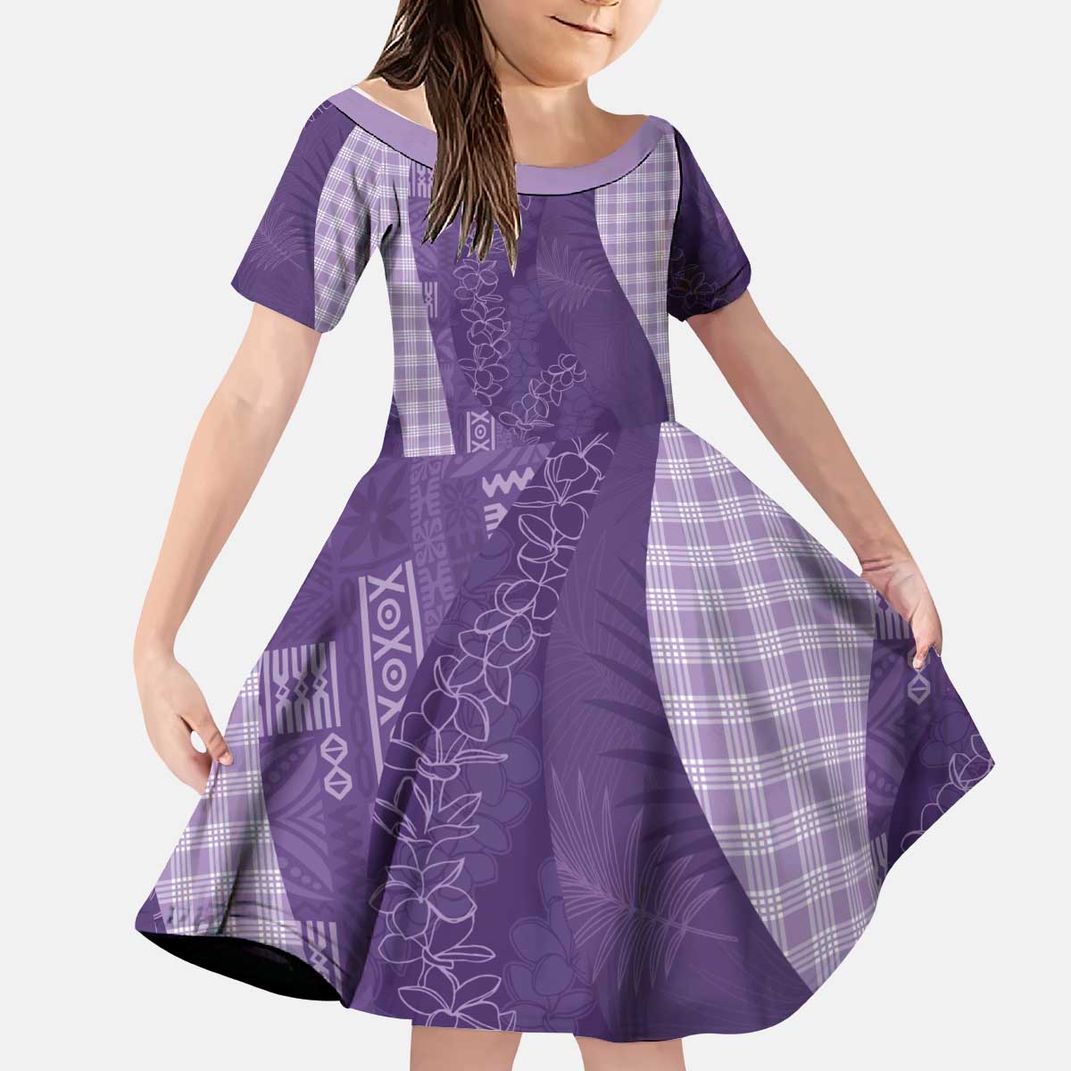 Polynesian Tribal Pattern Patchwork Picturesque Kid Short Sleeve Dress Deep Violet