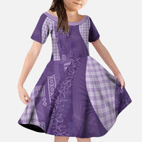 Polynesian Tribal Pattern Patchwork Picturesque Kid Short Sleeve Dress Deep Violet