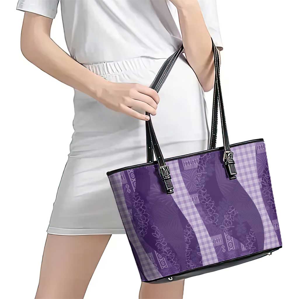 Polynesian Tribal Pattern Patchwork Picturesque Leather Tote Bag Deep Violet