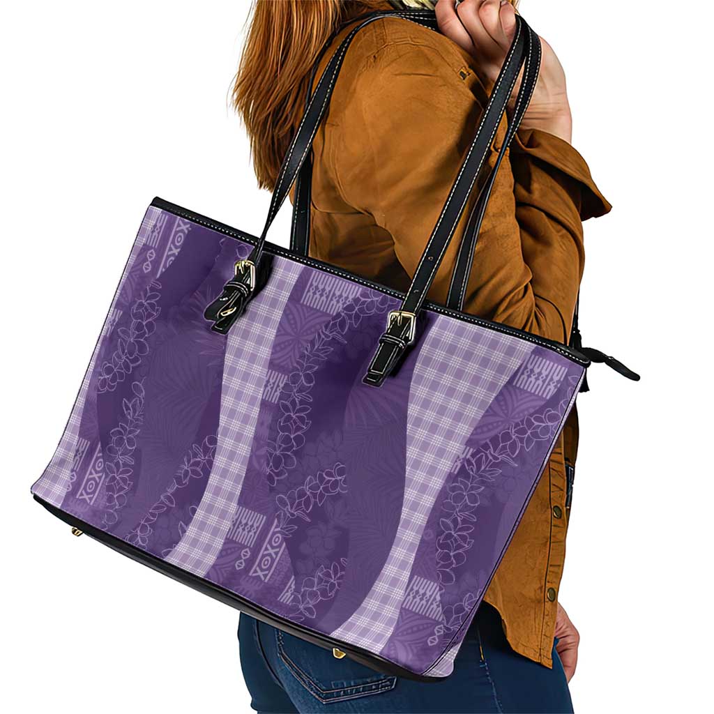 Polynesian Tribal Pattern Patchwork Picturesque Leather Tote Bag Deep Violet