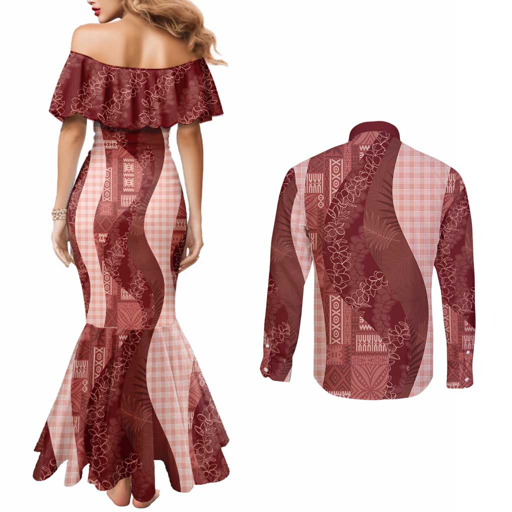 Polynesian Tribal Pattern Patchwork Picturesque Couples Matching Mermaid Dress and Long Sleeve Button Shirt Crimson