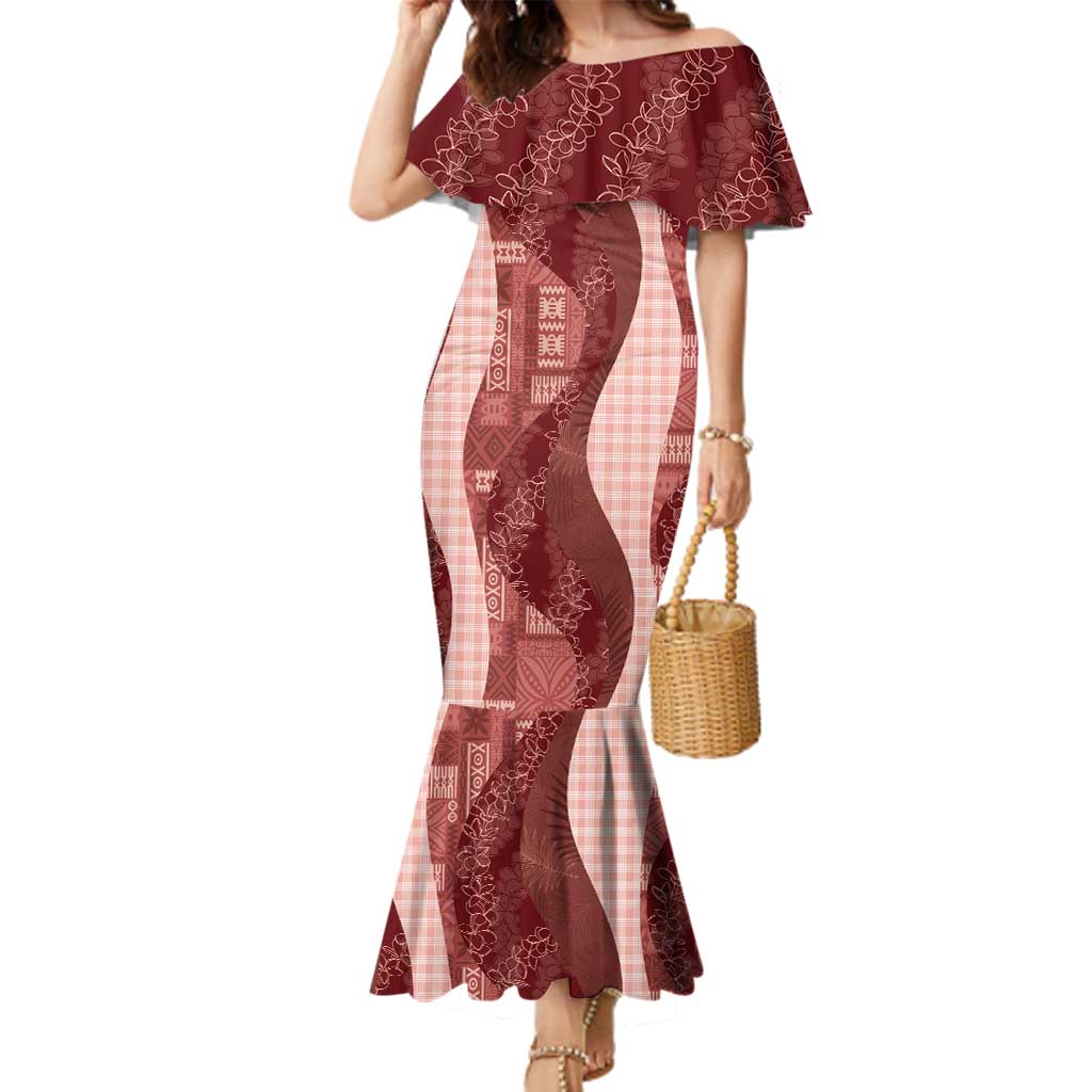 Polynesian Tribal Pattern Patchwork Picturesque Family Matching Mermaid Dress and Hawaiian Shirt Crimson