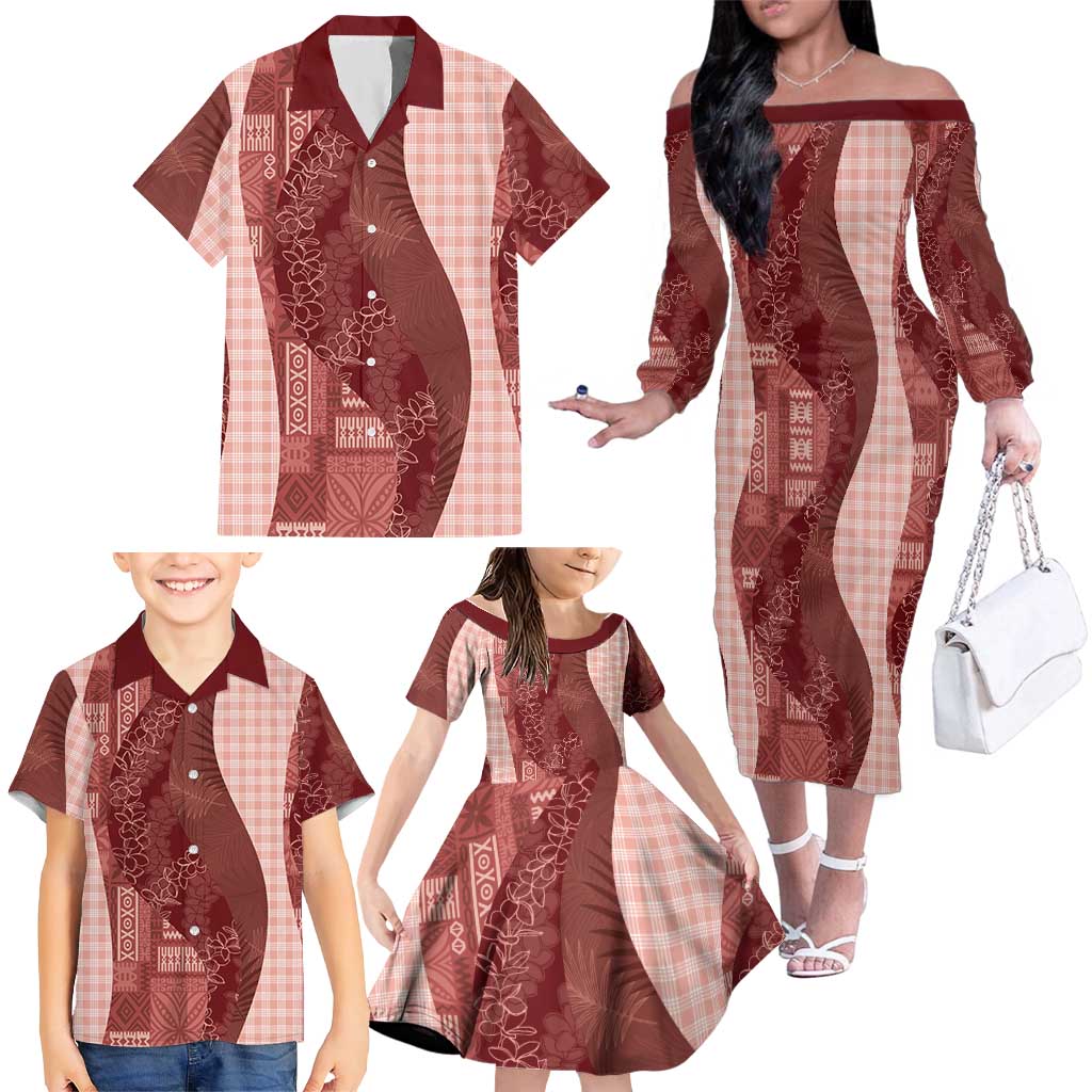 Polynesian Tribal Pattern Patchwork Picturesque Family Matching Off The Shoulder Long Sleeve Dress and Hawaiian Shirt Crimson