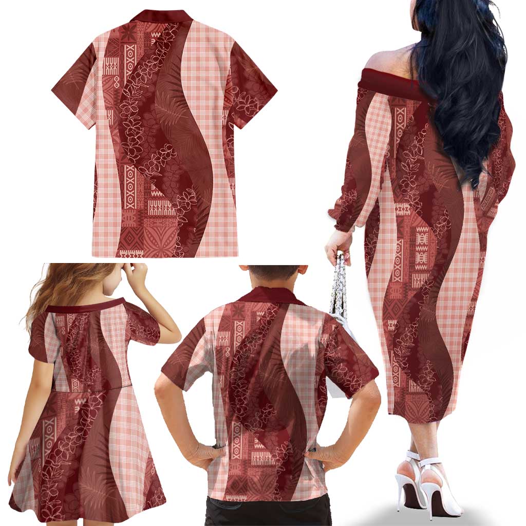 Polynesian Tribal Pattern Patchwork Picturesque Family Matching Off The Shoulder Long Sleeve Dress and Hawaiian Shirt Crimson