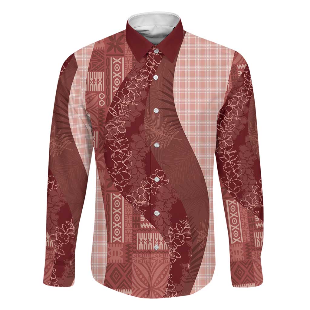 Polynesian Tribal Pattern Patchwork Picturesque Family Matching Off The Shoulder Long Sleeve Dress and Hawaiian Shirt Crimson