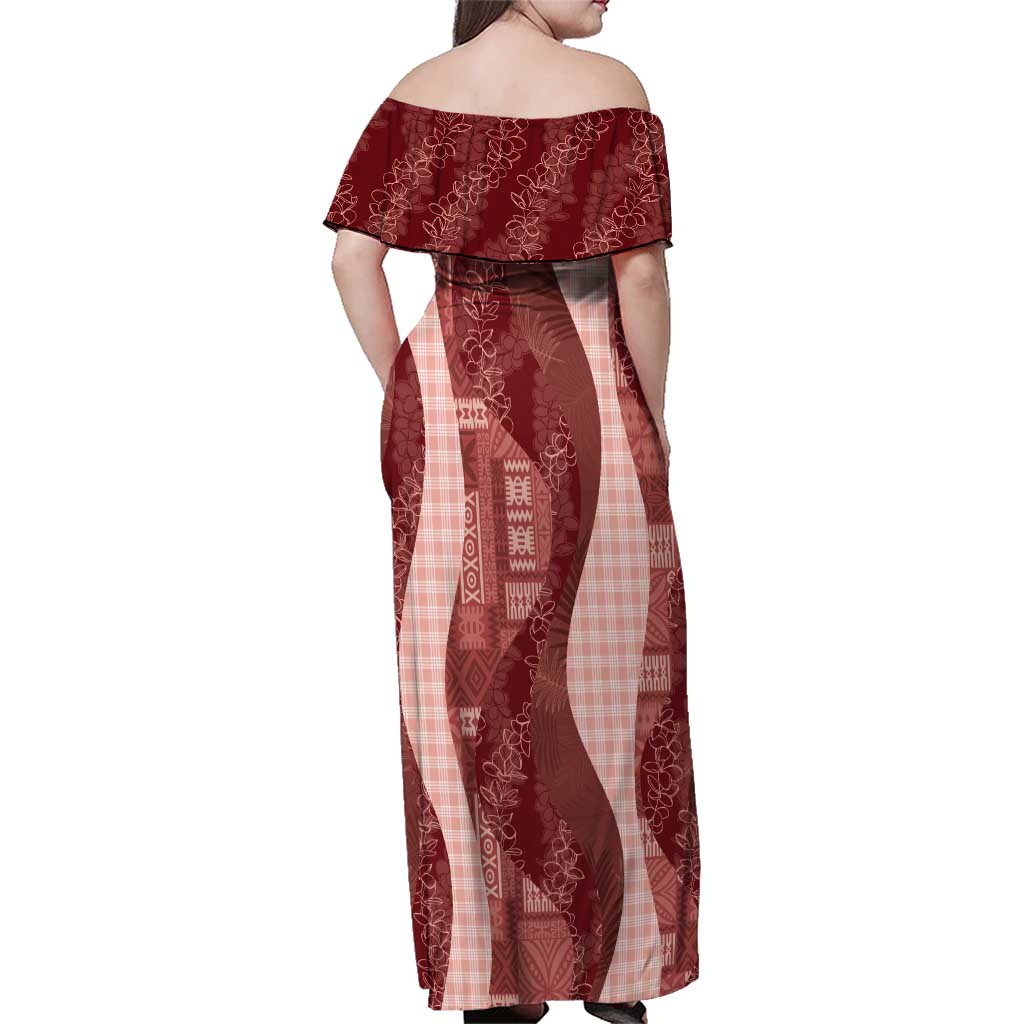 Polynesian Tribal Pattern Patchwork Picturesque Family Matching Off Shoulder Maxi Dress and Hawaiian Shirt Crimson LT7 - Polynesian Pride