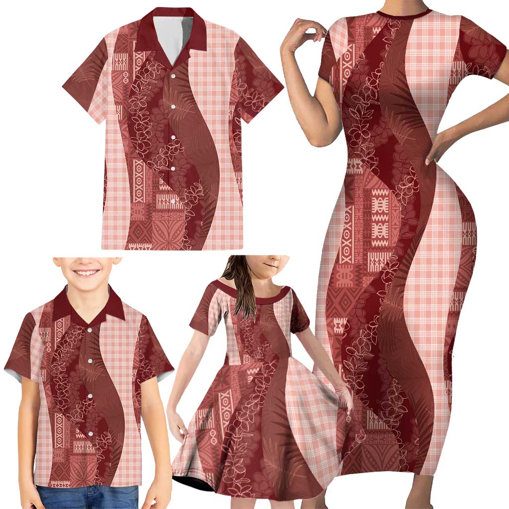 Polynesian Tribal Pattern Patchwork Picturesque Family Matching Short Sleeve Bodycon Dress and Hawaiian Shirt Crimson LT7 - Polynesian Pride