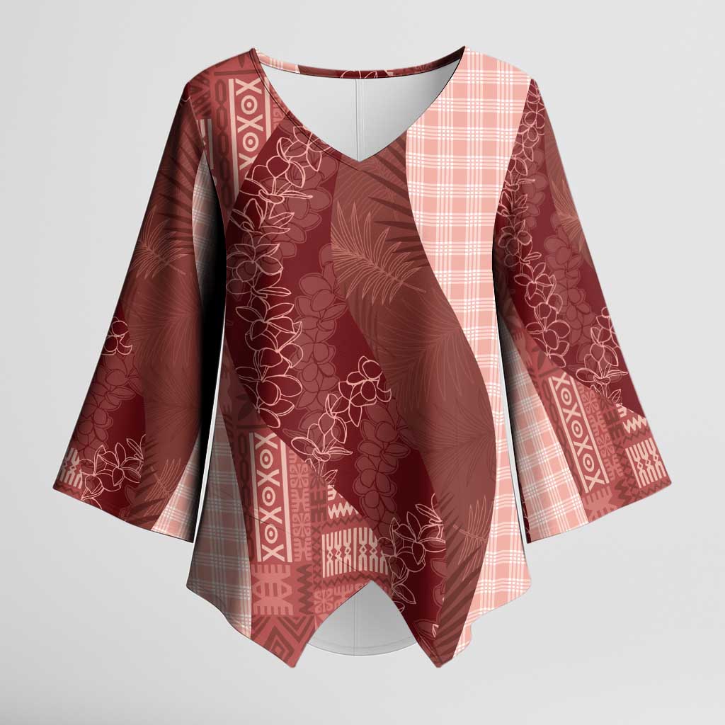 Polynesian Tribal Pattern Patchwork Picturesque Kimono Sleeve Blouse Crimson