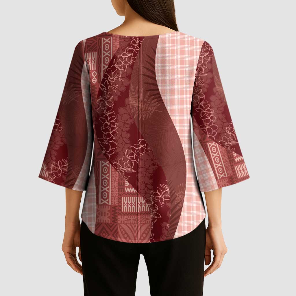 Polynesian Tribal Pattern Patchwork Picturesque Kimono Sleeve Blouse Crimson
