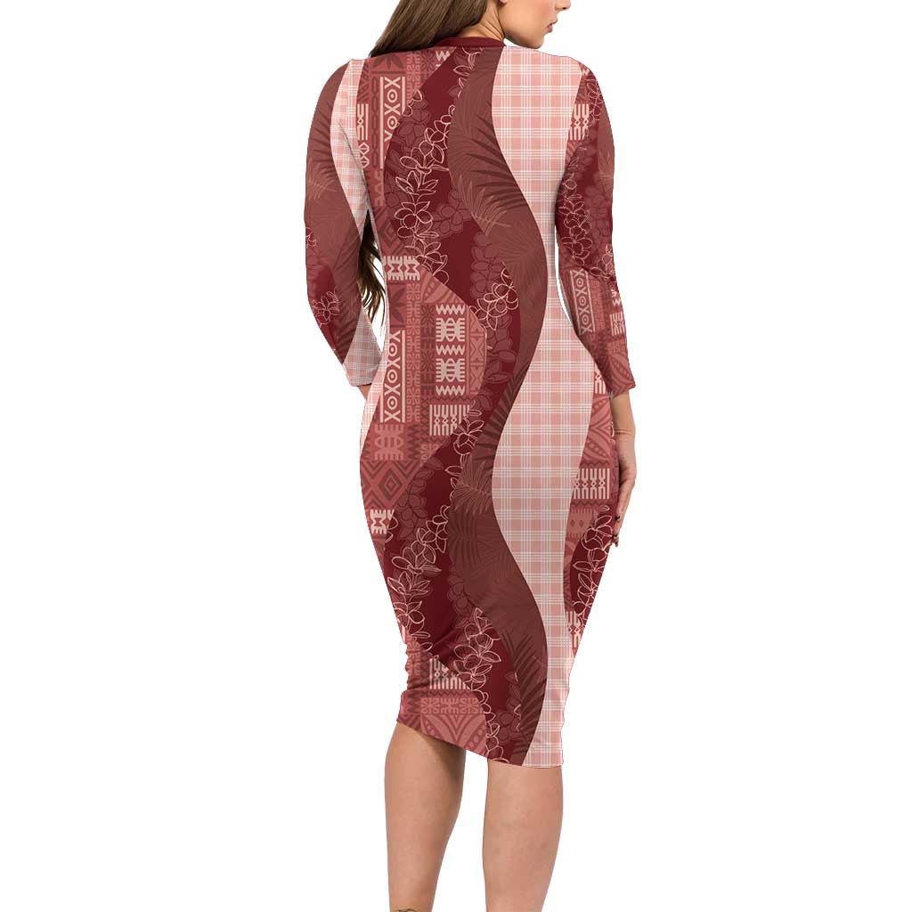 Polynesian Tribal Pattern Patchwork Picturesque Long Sleeve Bodycon Dress Crimson