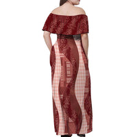 Polynesian Tribal Pattern Patchwork Picturesque Off Shoulder Maxi Dress Crimson