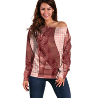 Polynesian Tribal Pattern Patchwork Picturesque Off Shoulder Sweater Crimson LT7 Women Crimson - Polynesian Pride