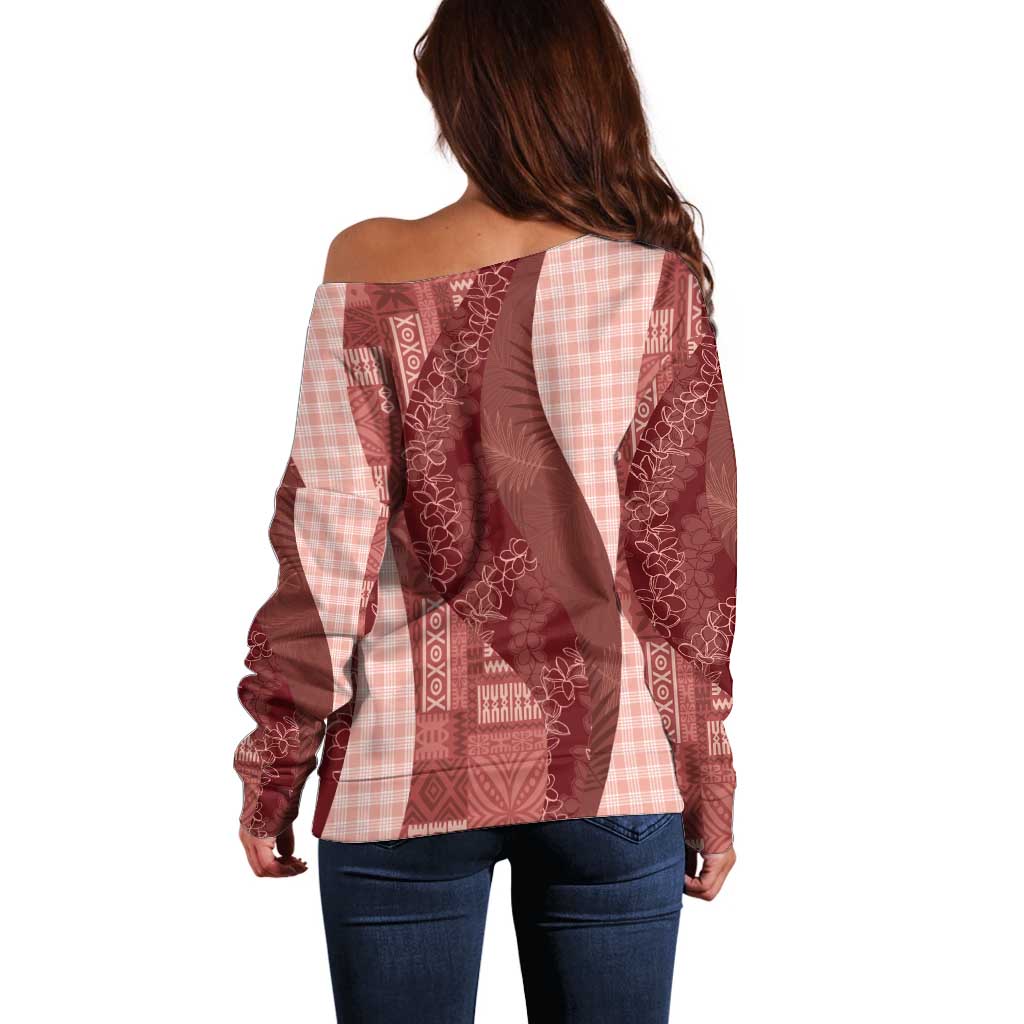 Polynesian Tribal Pattern Patchwork Picturesque Off Shoulder Sweater Crimson LT7 - Polynesian Pride