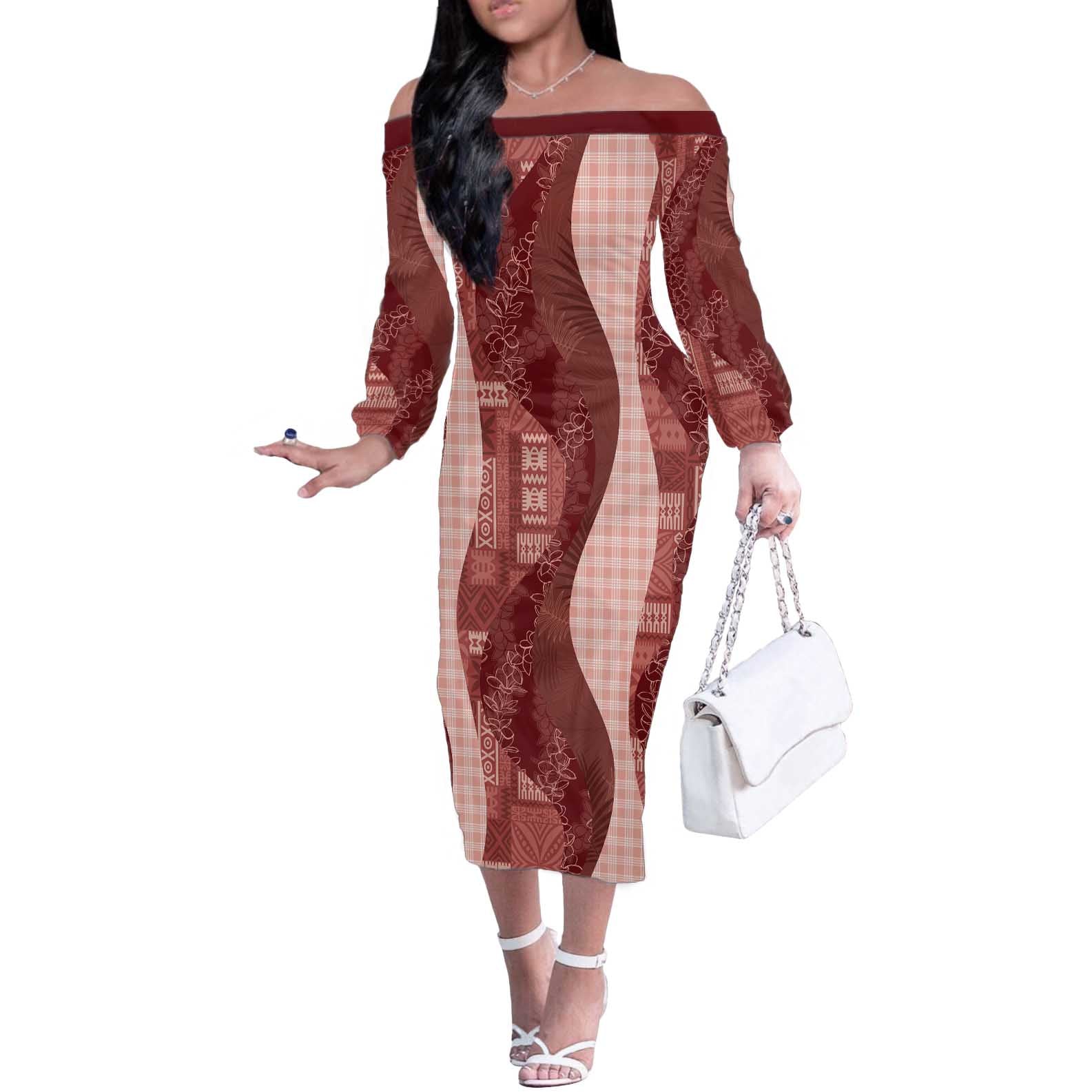 Polynesian Tribal Pattern Patchwork Picturesque Off The Shoulder Long Sleeve Dress Crimson
