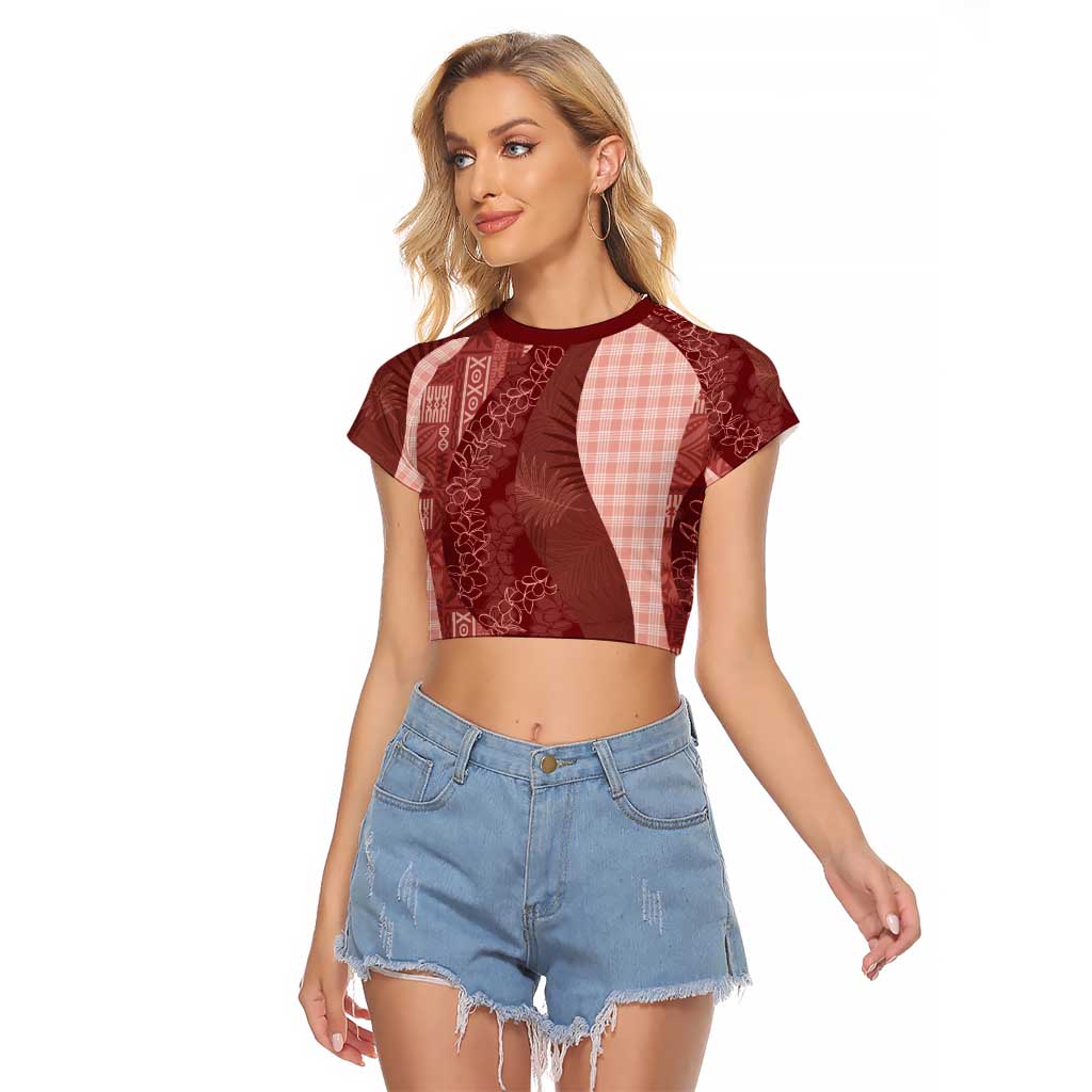 Polynesian Tribal Pattern Patchwork Picturesque Raglan Cropped T Shirt Crimson LT7 Female Crimson - Polynesian Pride