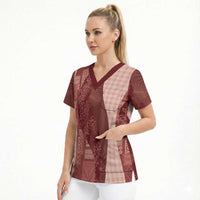 Polynesian Tribal Pattern Patchwork Picturesque Scrub Top Crimson