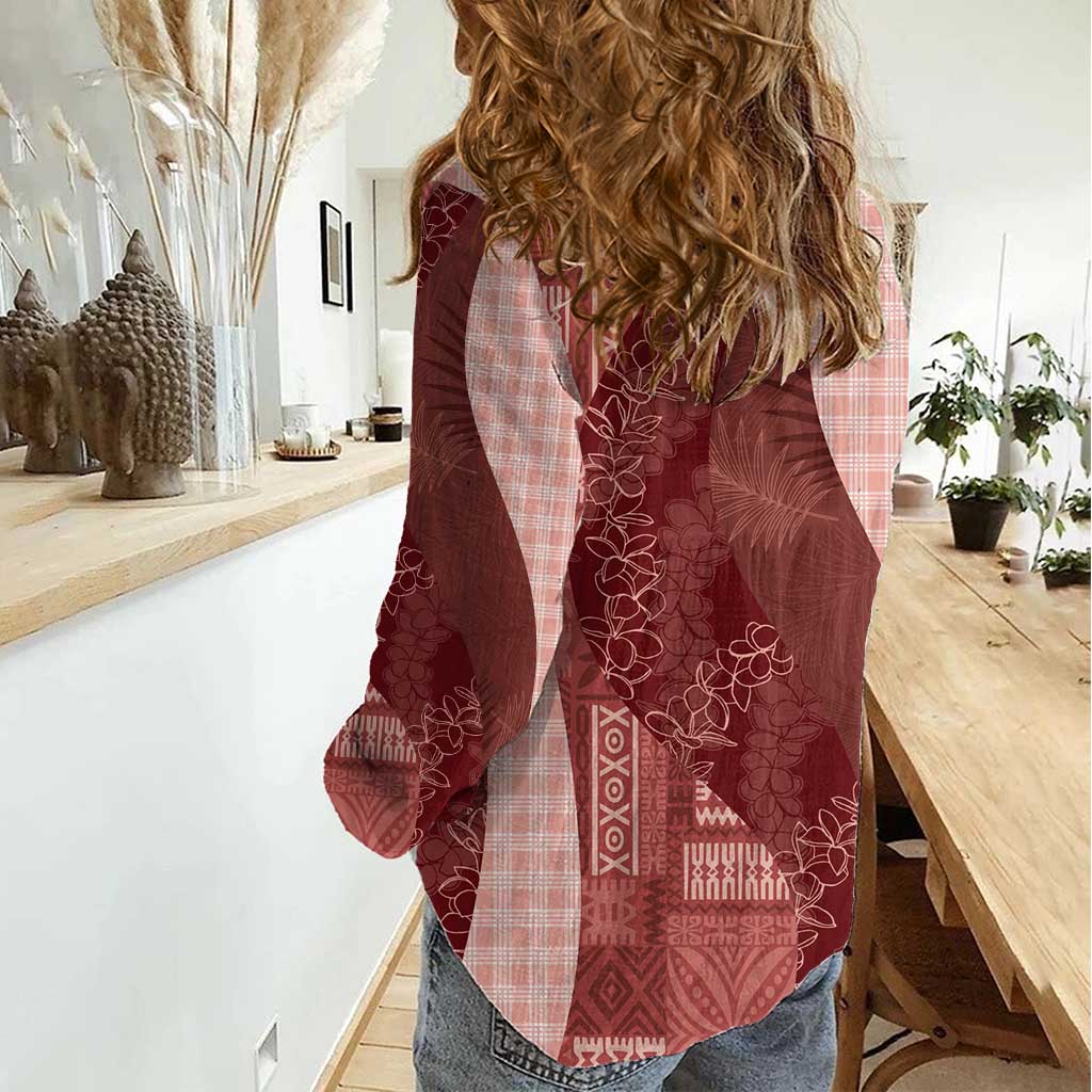 Polynesian Tribal Pattern Patchwork Picturesque Women Casual Shirt Crimson