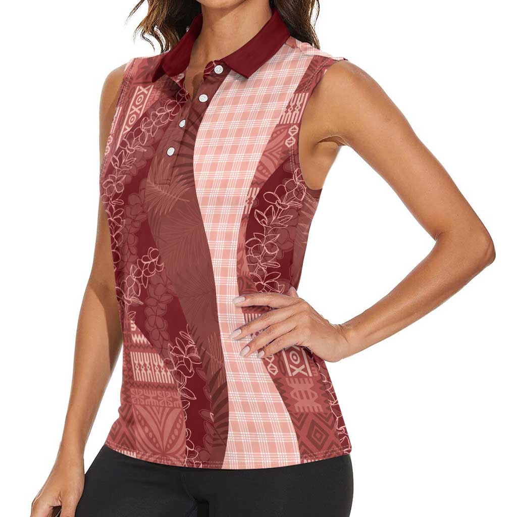 Polynesian Tribal Pattern Patchwork Picturesque Women Sleeveless Polo Shirt Crimson