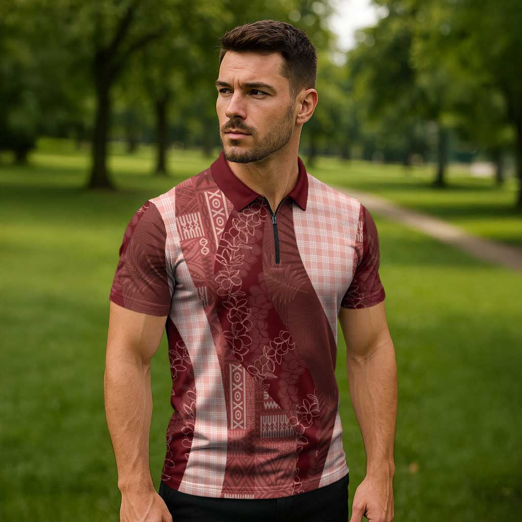 Polynesian Tribal Pattern Patchwork Picturesque Zipper Polo Shirt Crimson