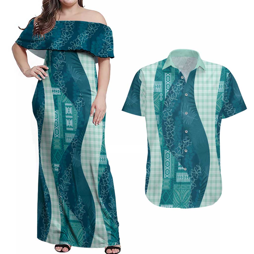 Polynesian Tribal Pattern Patchwork Picturesque Couples Matching Off Shoulder Maxi Dress and Hawaiian Shirt Oceanic LT7 Blue - Polynesian Pride