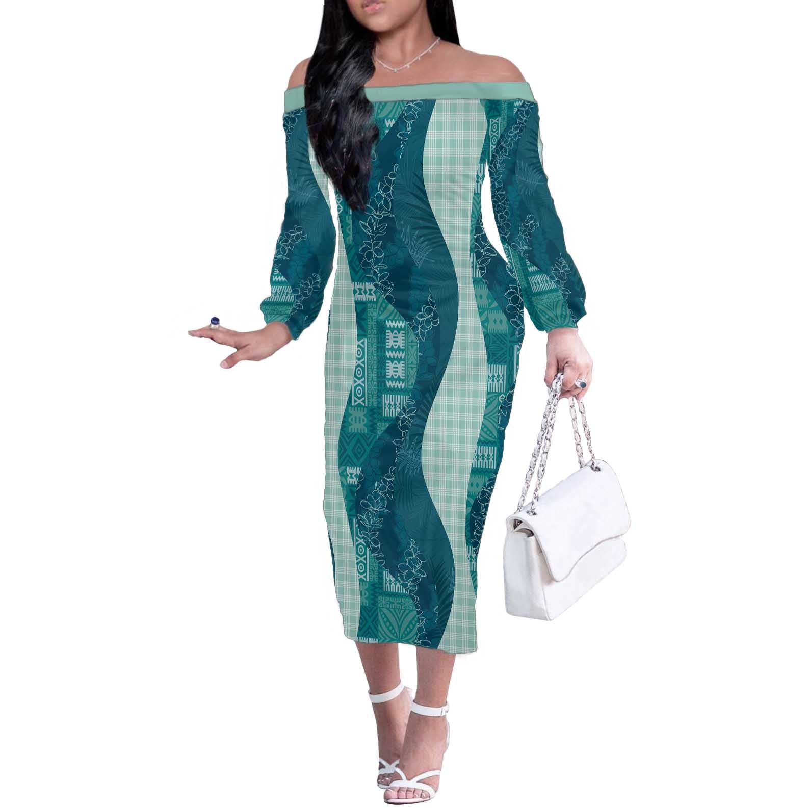 Polynesian Tribal Pattern Patchwork Picturesque Off The Shoulder Long Sleeve Dress Oceanic