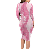 Polynesian Tribal Pattern Patchwork Picturesque Family Matching Long Sleeve Bodycon Dress and Hawaiian Shirt Rose Pink