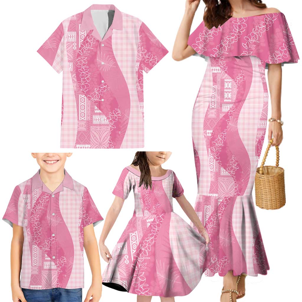 Polynesian Tribal Pattern Patchwork Picturesque Family Matching Mermaid Dress and Hawaiian Shirt Rose Pink