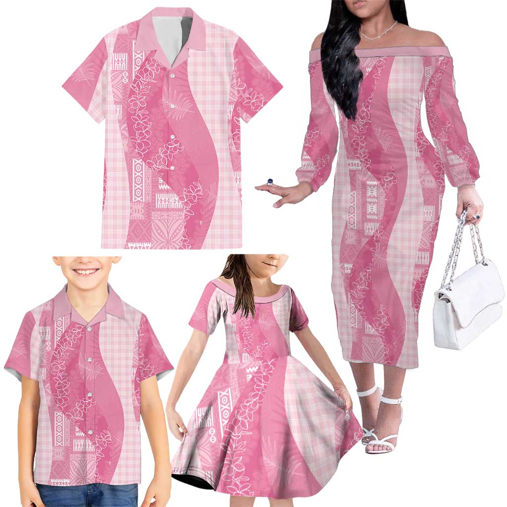 Polynesian Tribal Pattern Patchwork Picturesque Family Matching Off The Shoulder Long Sleeve Dress and Hawaiian Shirt Rose Pink LT7 - Polynesian Pride