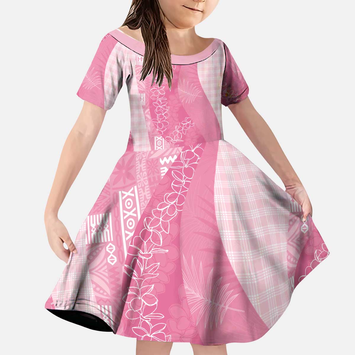 Polynesian Tribal Pattern Patchwork Picturesque Kid Short Sleeve Dress Rose Pink
