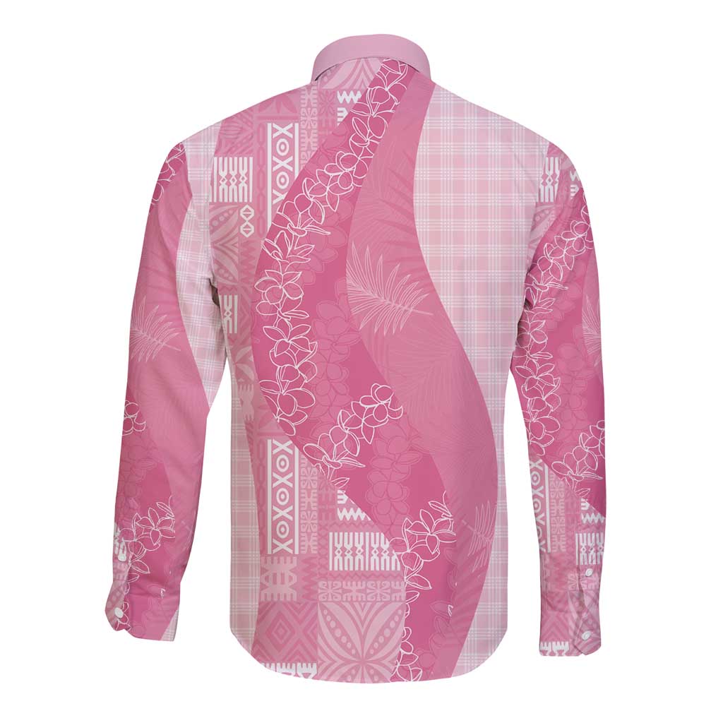 Polynesian Tribal Pattern Patchwork Picturesque Long Sleeve Button Shirt Rose Pink