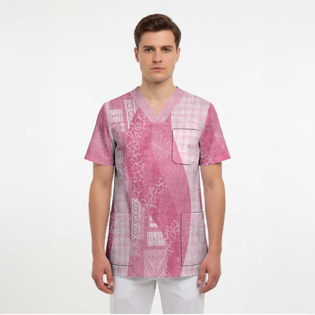 Polynesian Tribal Pattern Patchwork Picturesque Scrub Top Rose Pink