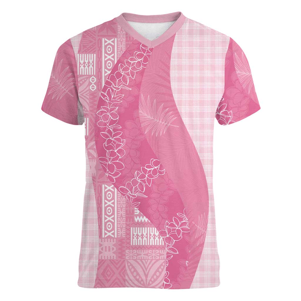 Polynesian Tribal Pattern Patchwork Picturesque Women V-Neck T-Shirt Rose Pink