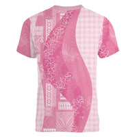 Polynesian Tribal Pattern Patchwork Picturesque Women V-Neck T-Shirt Rose Pink