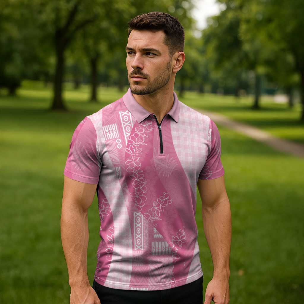 Polynesian Tribal Pattern Patchwork Picturesque Zipper Polo Shirt Rose Pink