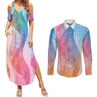 Polynesian Tribal Pattern Patchwork Picturesque Couples Matching Summer Maxi Dress and Long Sleeve Button Shirt Holographic