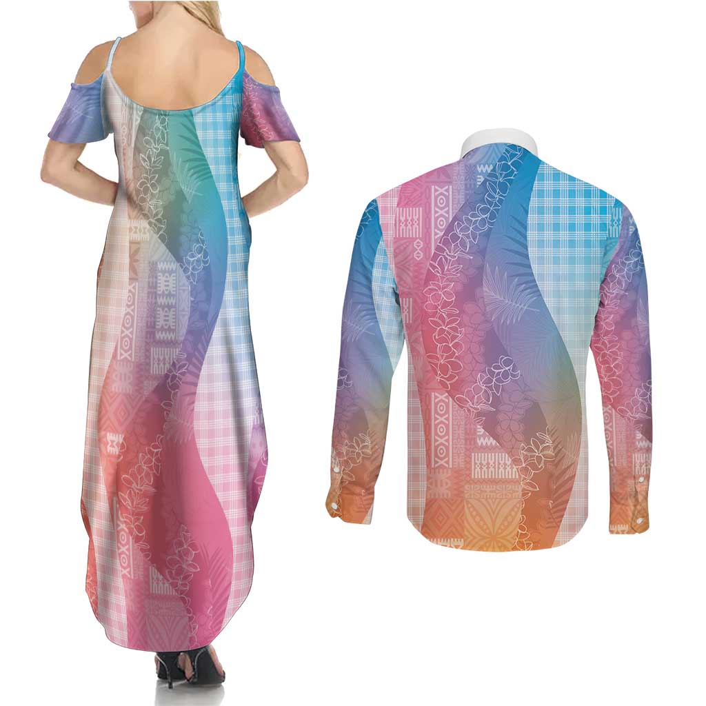 Polynesian Tribal Pattern Patchwork Picturesque Couples Matching Summer Maxi Dress and Long Sleeve Button Shirt Holographic