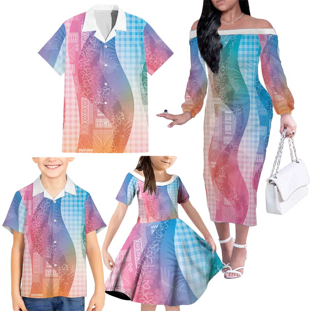Polynesian Tribal Pattern Patchwork Picturesque Family Matching Off The Shoulder Long Sleeve Dress and Hawaiian Shirt Holographic LT7 - Polynesian Pride