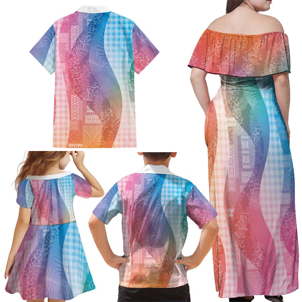 Polynesian Tribal Pattern Patchwork Picturesque Family Matching Off Shoulder Maxi Dress and Hawaiian Shirt Holographic