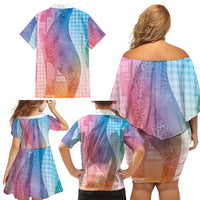 Polynesian Tribal Pattern Patchwork Picturesque Family Matching Off Shoulder Short Dress and Hawaiian Shirt Holographic
