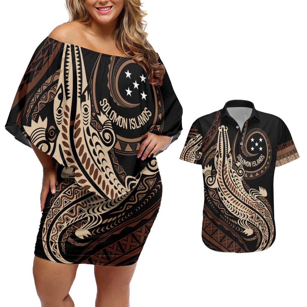 Personalized Solomon Islands Crocodile Couples Matching Off Shoulder Short Dress and Hawaiian Shirt Hapi Isles - Independence Anniversary