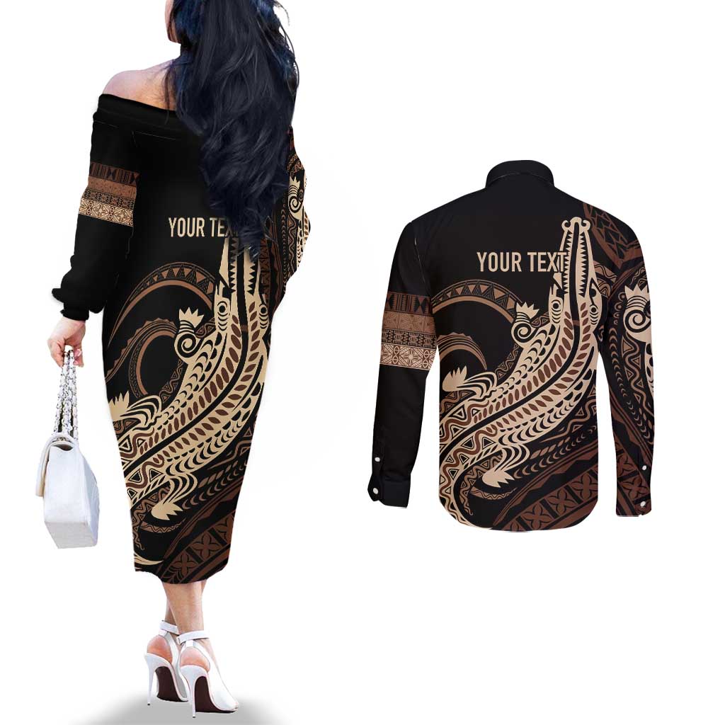 Personalized Solomon Islands Crocodile Couples Matching Off The Shoulder Long Sleeve Dress and Long Sleeve Button Shirt Hapi Isles - Independence Anniversary