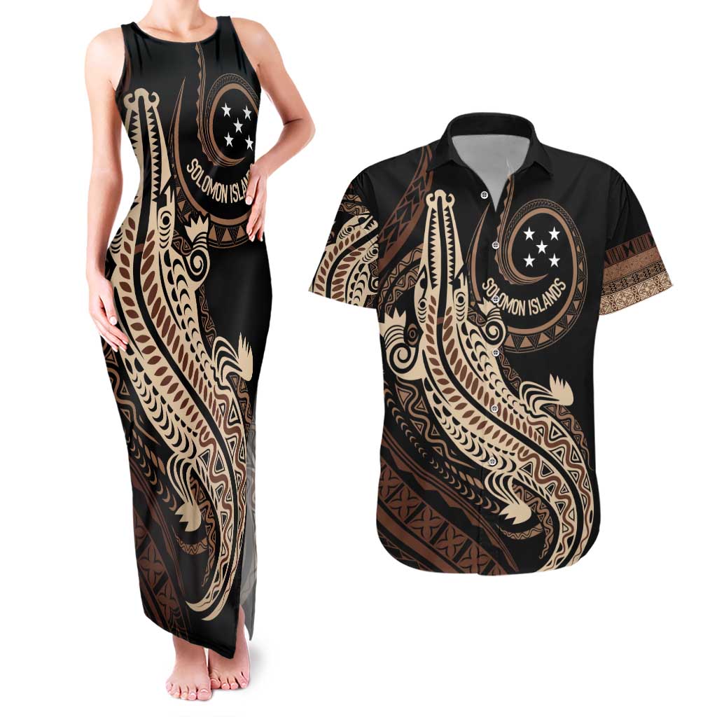 Personalized Solomon Islands Crocodile Couples Matching Tank Maxi Dress and Hawaiian Shirt Hapi Isles - Independence Anniversary