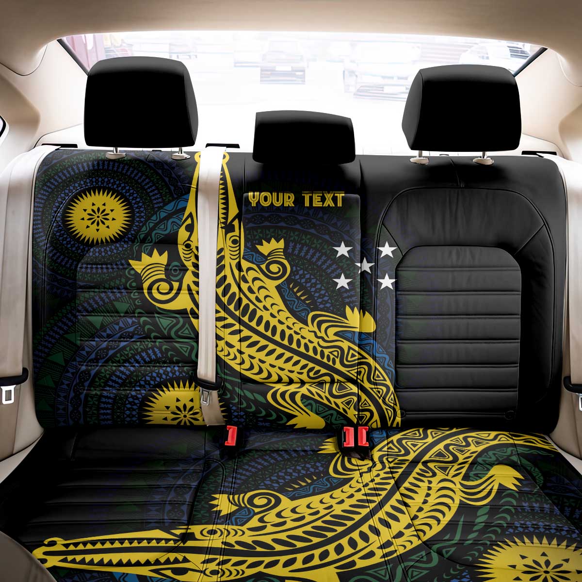 Personalized Solomon Islands Independence Anniversary Back Car Seat Cover Crocodile Mix Tapa