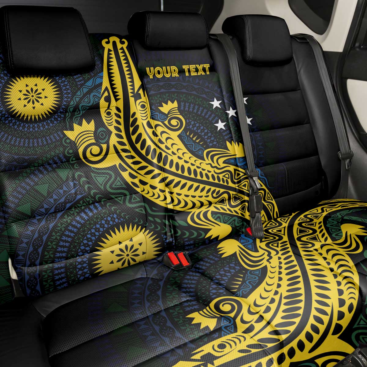 Personalized Solomon Islands Independence Anniversary Back Car Seat Cover Crocodile Mix Tapa